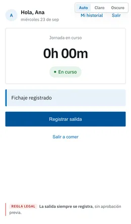 Pantalla de fichaje en el celular: jornada en curso con el botón Registrar salida y el aviso Fichaje registrado